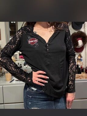 Harley-Davidson Black Lace Sleeve Henley Top